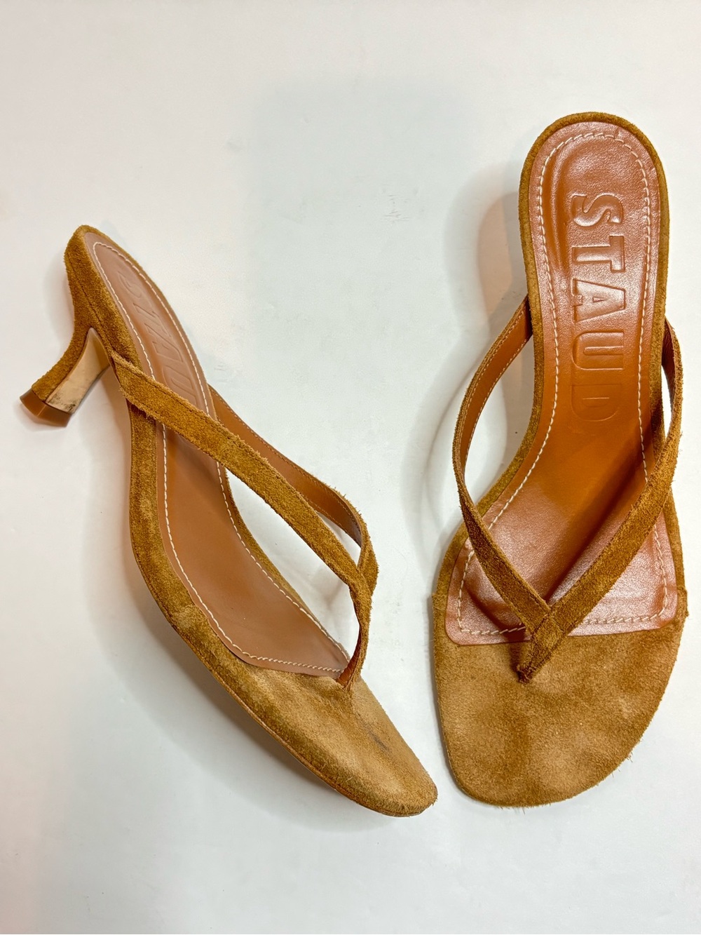 STAUD Freja Thong Flip Flop Tan Suede Kitten Heel Sandal 38.5/8.5